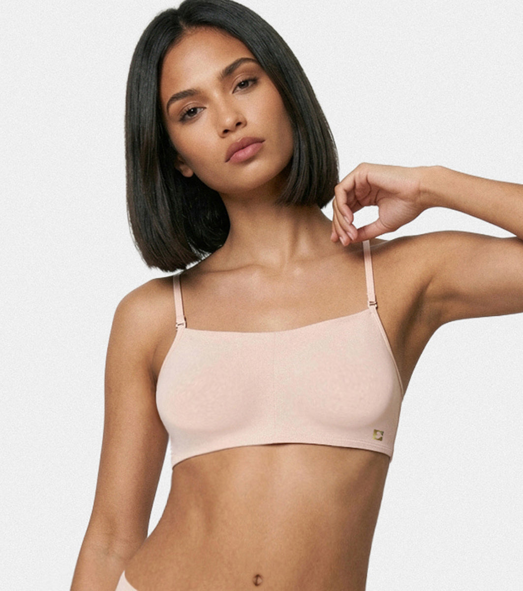 Enamor Moulded Double Layer Front Women's Cotton Cami Bra - Detachable Slim Straps with Back Keyhole, Non Padded, Wirefree, High Coverage - A022 (Pearl)