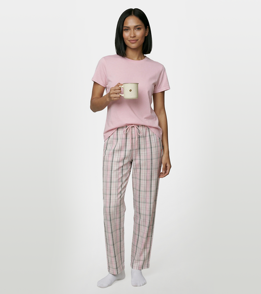 Enamor Mid Rise Full Length Adjustable drawstring Hangout Pant For Women - Relaxed Fit, Combed Cotton - E4A5 (Pink/Grey Checks)