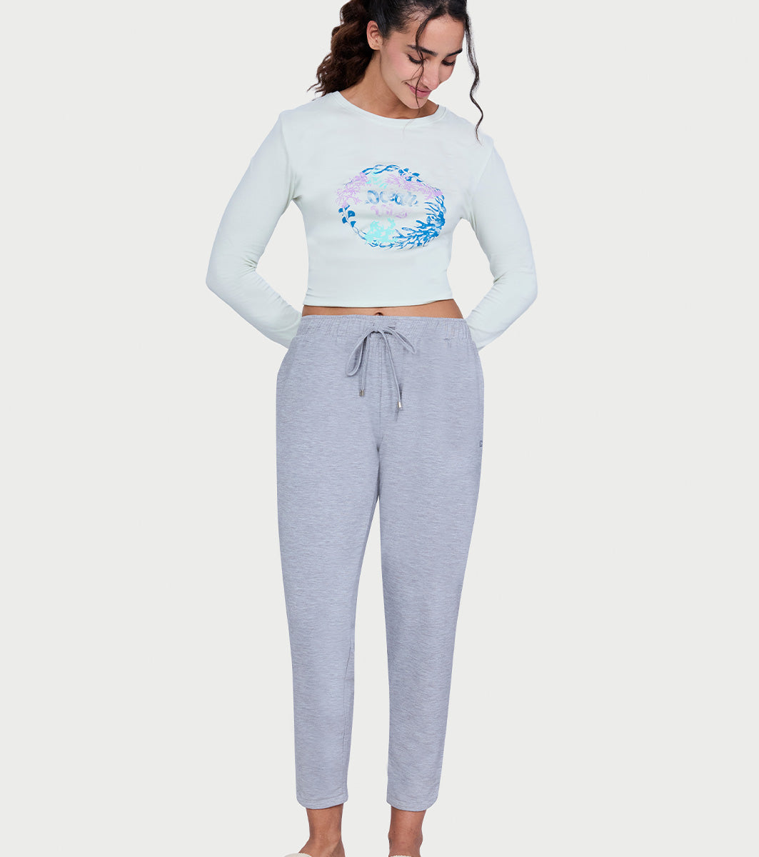 Enamor Mid Rise 7/8th length Drawstring Closure Shop In Pants for Women - Relaxed Fit, Soft & drapey 4-way stretch - E048 (Lt Grey Melange)