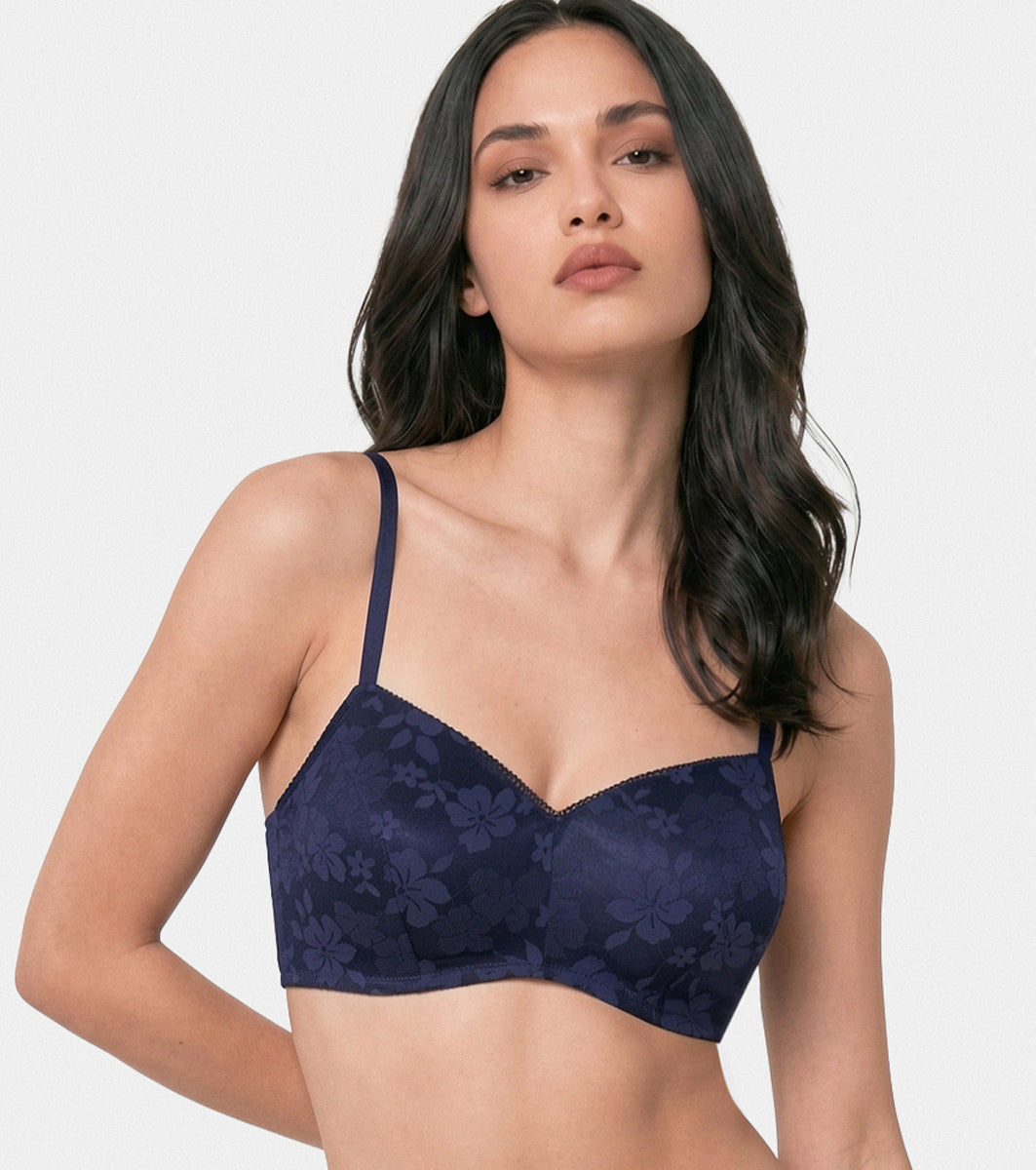 Enamor Soft Girl Floral Women's Padded Bra, Wire-Free, Medium Coverage, Lace Everyday Bra - SMB05 (Navy)