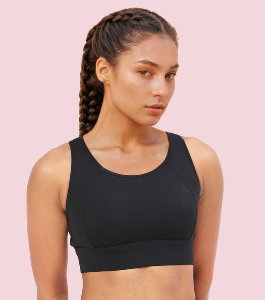 Enamor Crew Neck Sleeveless Crop length Sports Bra For Women - Hook & Eye Closure, Hugged Fit - A205 (Jet Black)