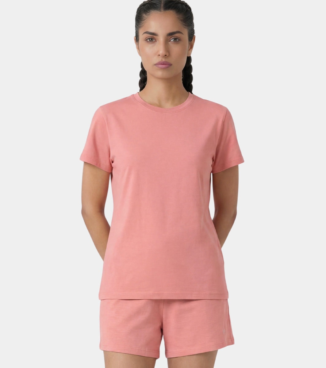 Enamor Pull on Short Sleeve Crew Neck Regular Length Cotton Comfort T-Shirt For Women - Relaxed Fit - E311 (Desert Sand)