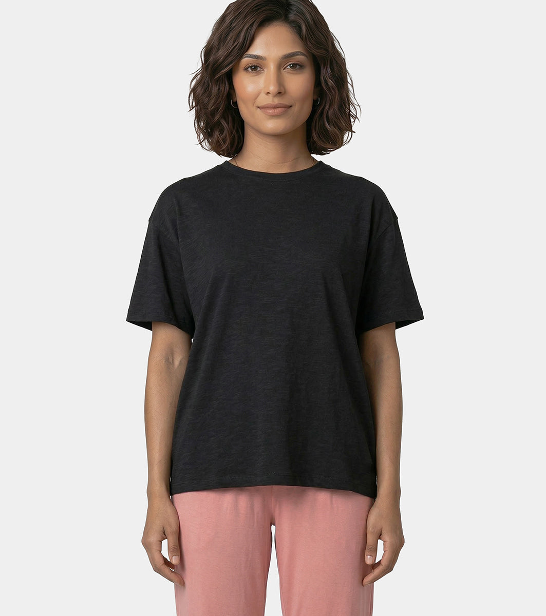 Enamor Oversized Drop Shoulder T-Shirt, 100% Cotton Slub, Oversized Fit - E312 (Jet Black)