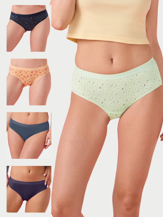 Enamor CB07 Chic Cotton, Naturally Breathable Cotton, All Day Comfort, Low Waist Brief Panty for Women -  Antimicrobial with Stain Release, Soft Outer jacquard Elastic, Regular Coverage -  Pack of 5 (Multicolors)