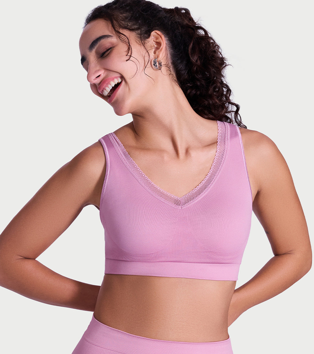 Enamor Innovations Flexifree ,Plunge, Ultra Comfort Women's  Bralette - No-pinch,no-dig,360 Degree Flex, Seamless lift,Fixed cup, Padded, Wirefree, High Coverage  - F137 (Orchid Smoke)