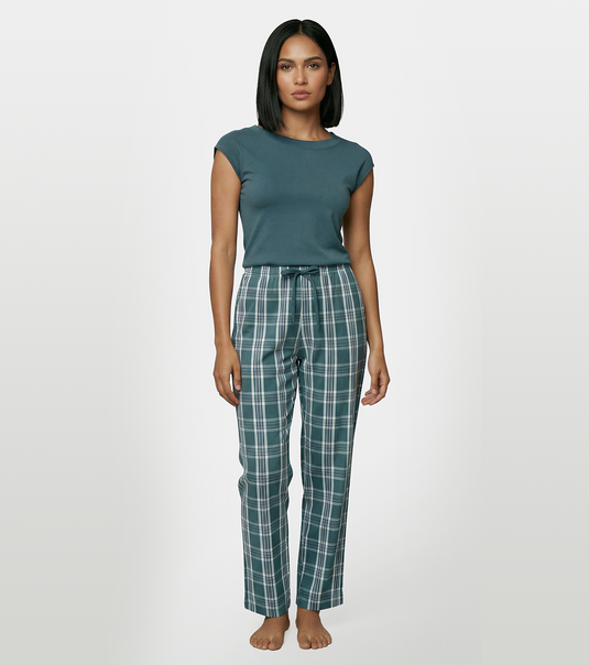 Enamor Mid Rise Full Length Adjustable drawstring Hangout Pant For Women - Relaxed Fit, Combed Cotton - E4A5 (Teal/Pink Checks)