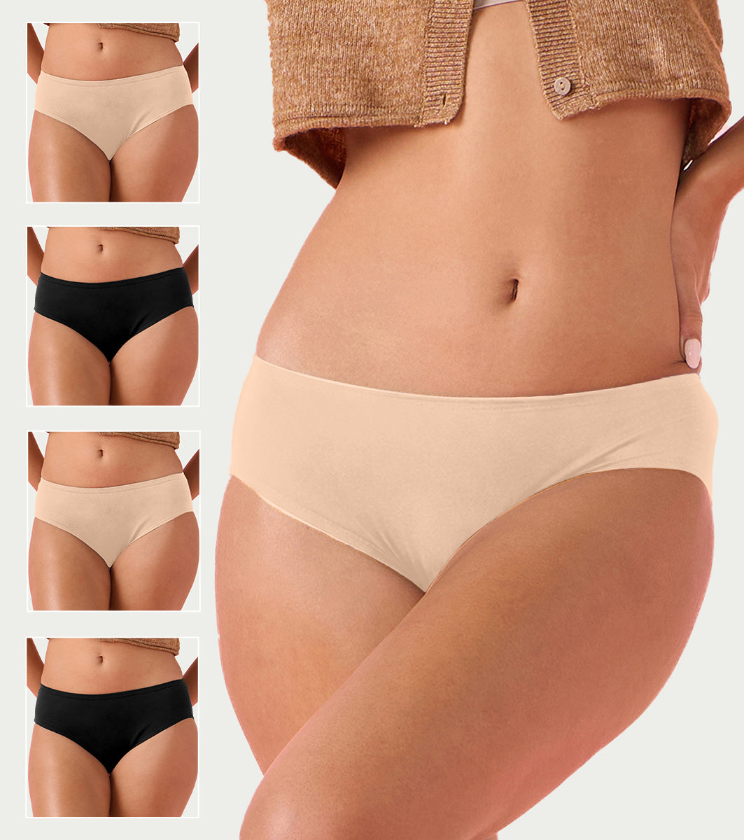 Enamor CH03 Chic Cotton, All Day Comfort, Mid Waist Hipster Panty for Women - Naturally Breathable, Antimicrobial with Stain release, Inner Elastic, Full Coverage -  Pack of 5 (Jet Black / Nude)
