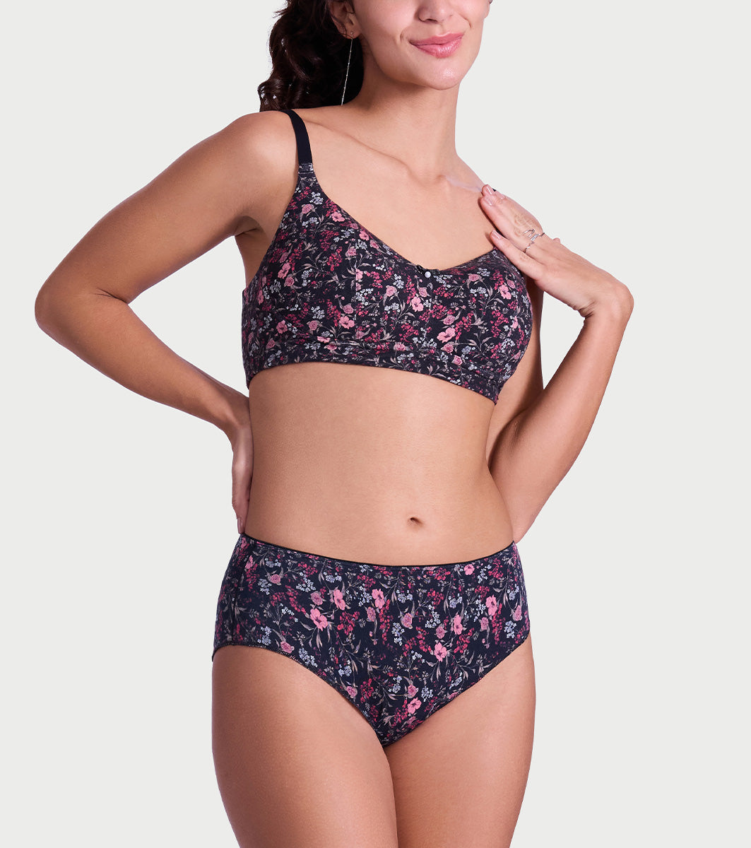 Enamor Ultimate Softness Modal Hipster Panty for Women - Mid Waist, Outer Elastic, Medium Coverage - P177 (Black Bouquet Print)