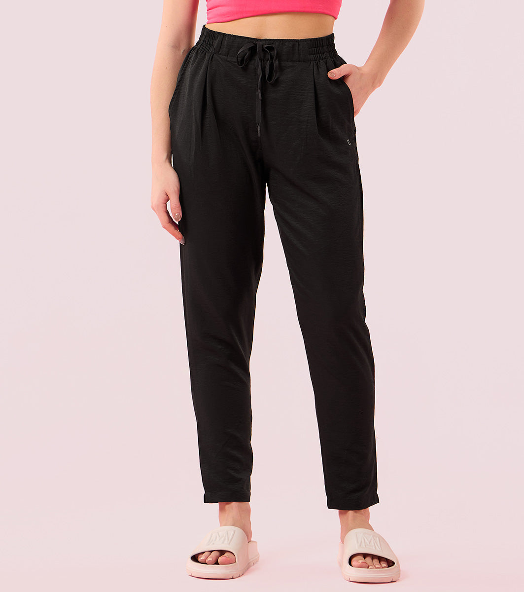 Enamor E407 Women's Pleated Pull-On Pant - Relaxed Fit, Mid Rise, Regular Length - Jet Black
