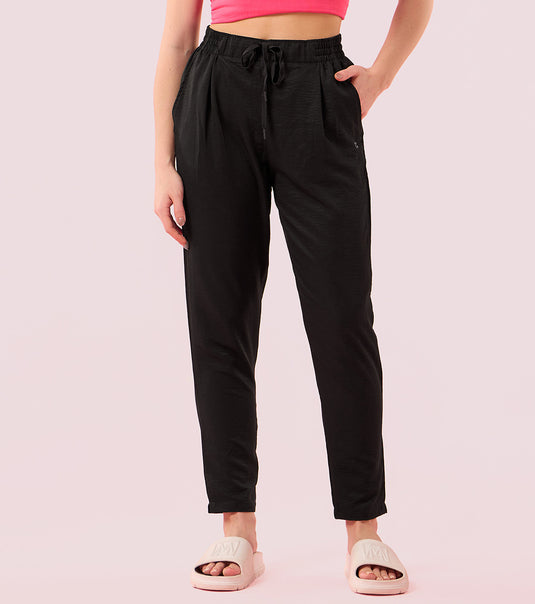 Enamor Elasticated Waistband with Drawstring Closure Regular Length Mid Rise Pleated Pants For Women - Relaxed Fit - E407 (Jet Black)