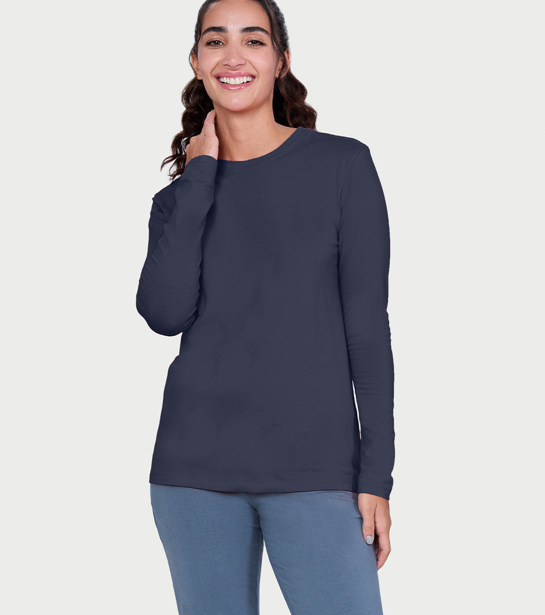 Enamor Full Sleeve Crew Neck Regular Length Basic Crew T-Shirt For Women - Slim Fit, Soft and Breathable Stretch Cotton - E057 (Navy)