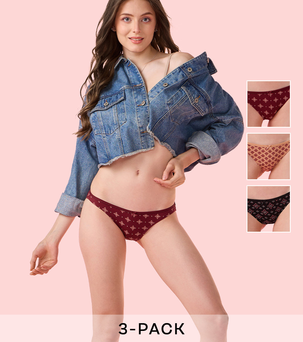 Enamor Chic Stretch Cotton, Naturally Breathable Cotton, All Day Comfort, Low Waist Brief Panty for Women -  Antimicrobial with Stain Release, Soft Outer Elastic, Regular Coverage - CB17 Pack of 3 (Multicolorprint)