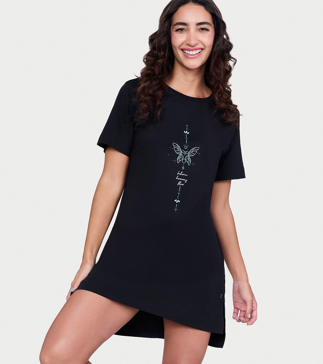 Enamor Short Sleeve Crew Neck Mid Thigh Length Tunic T-Shirt For Women - Relaxed Fit, Soft and Breathable Cotton - E061 (Jet Black Let Your Energy Flow)