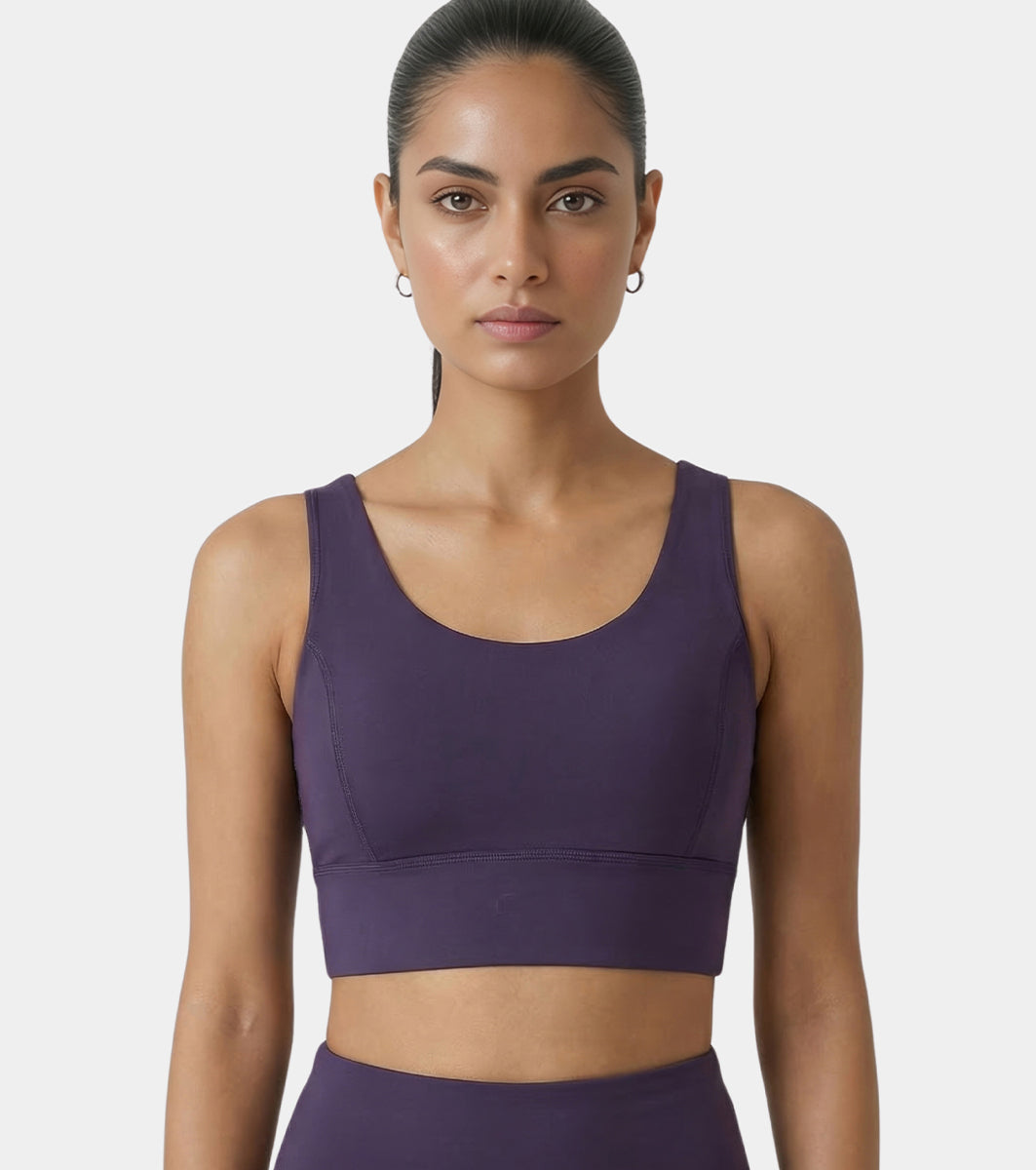Enamor Sleeveless Crew Neck Crop length Pull On Sports Bra For Women - Hugged Fit, Cut Away Back Detail - A206 (Purple Velvet)