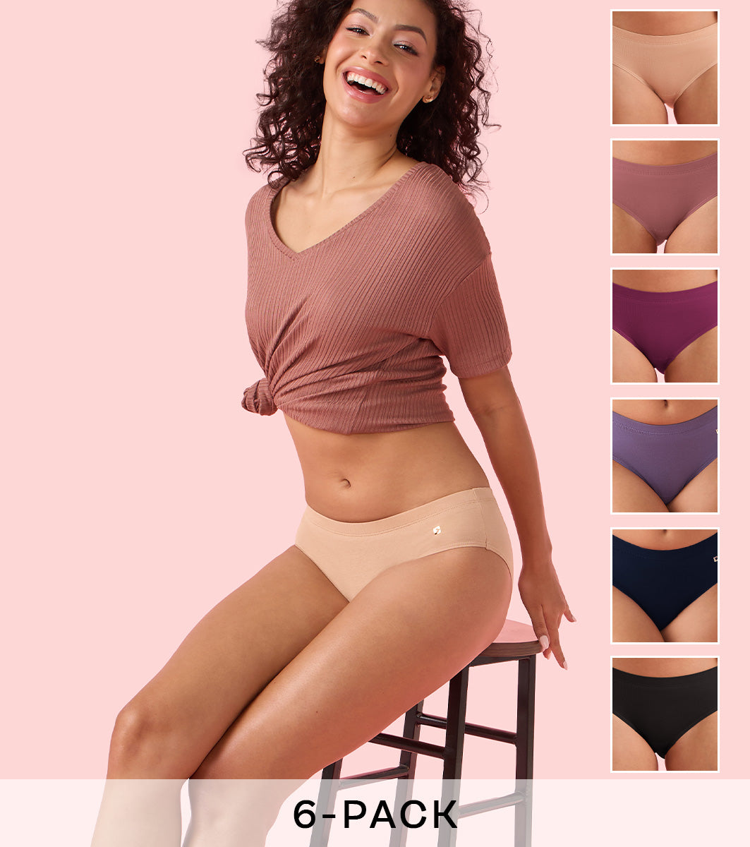 Enamor Chic Stretch Cotton, All Day Comfort, Mid Waist Hipster Panty for Women - Naturally Breathable, Antimicrobial with Stain release, Inner Elastic, Full Coverage - CR17 Pack of 6 (Multicolordark)