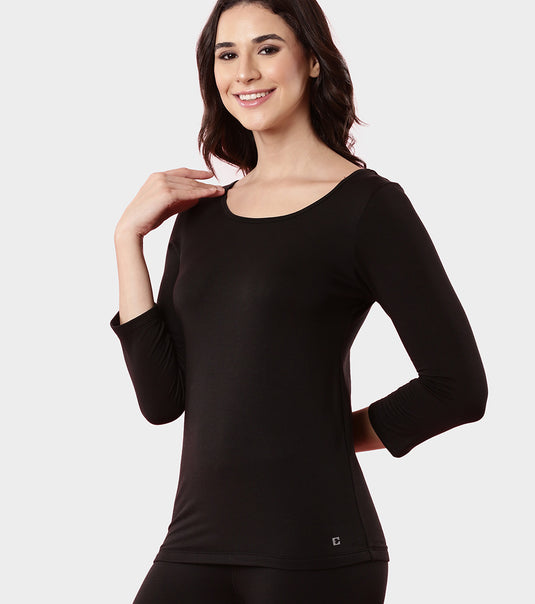 Enamor TH05 Women's Thermal Sleeve Top with Soft Heat Generating Fabric, Wide Round Neckline with Engineered HeatSkins™ Warm Technology. ( Black)