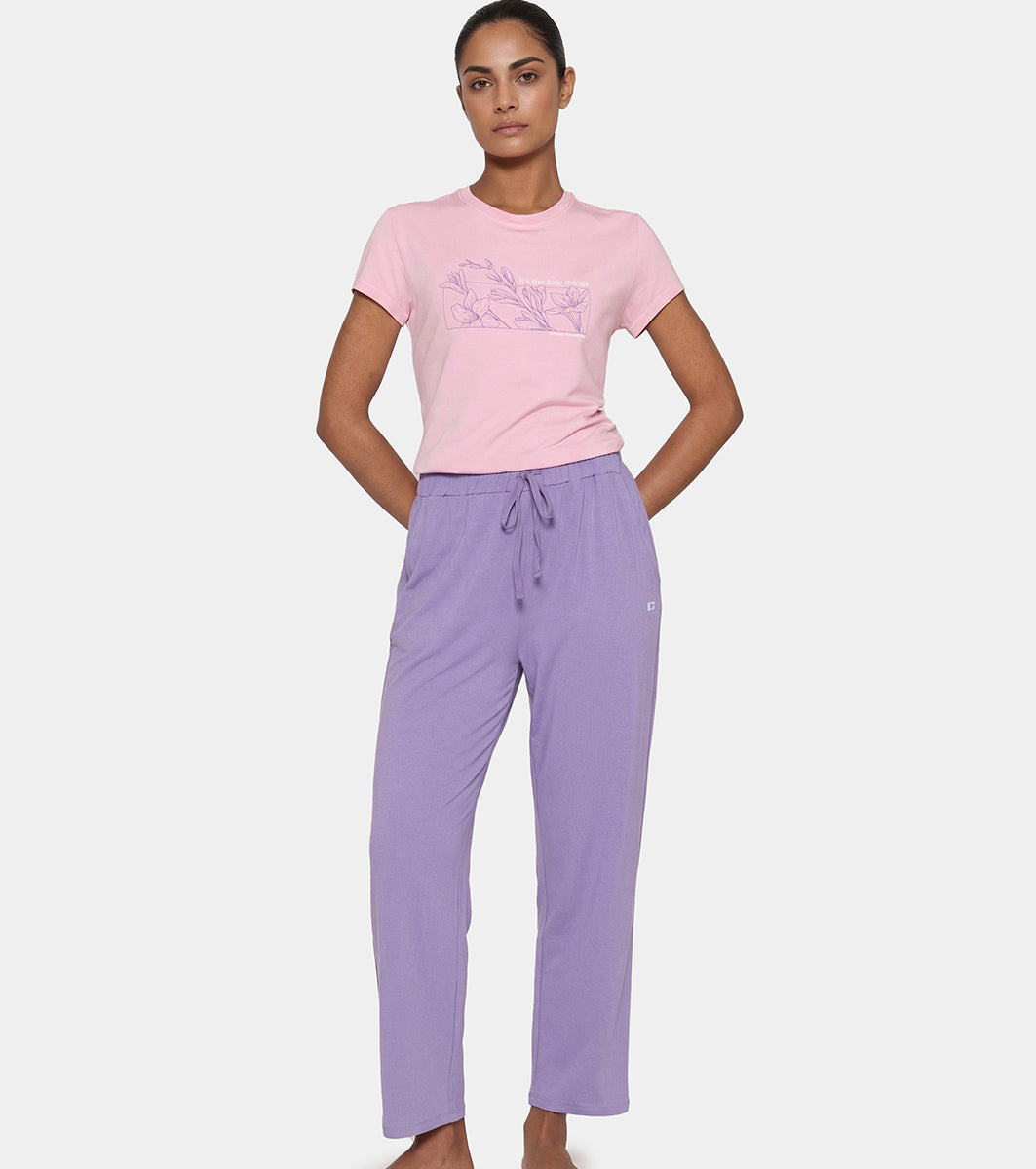 Enamor Mid Rise Regular Length Adjustable Drawstring Basic Home Lounge Pant for Women - Relaxed fit - E404 (Purple Haze)