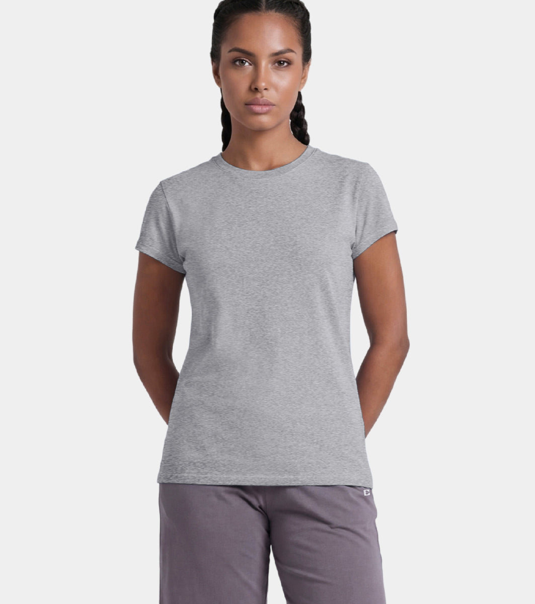 Enamor Short Sleeve Crew Neck Regular Length Basic Crew T-Shirt for Women - Slim Fit, Soft and Breathable Stretch Cotton - E047 (Mediumgrey Melange)