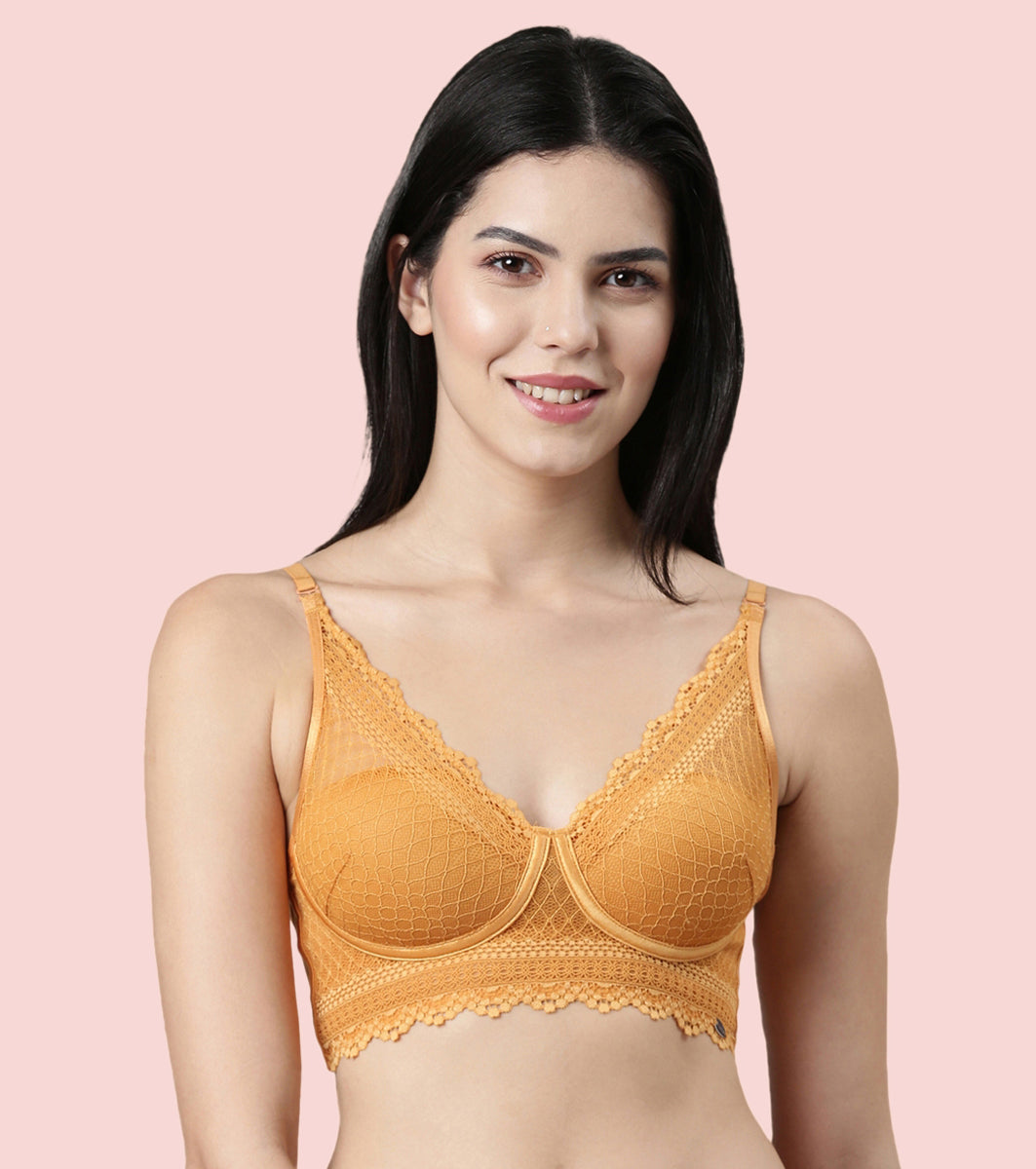 Enamor Innovations Pure Ease, Cloudsoft cup ,Women's Longline Comfort Lace Plunge Bra - No-Pinch, No-Dig, Padded, Wirefree, High Coverage  - F125 (Nugget)