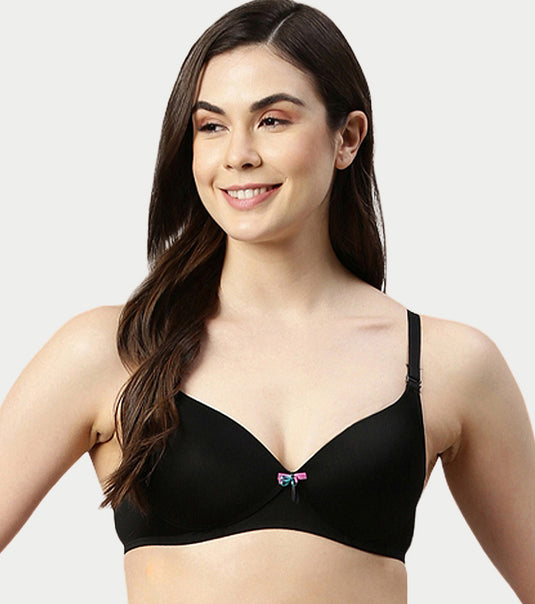 Enamor Women's Perfect Plunge Lift T-Shirt Bra - Detachable Straps, Lightly Padded, Wirefree, Medium Coverage - F023 (Black)