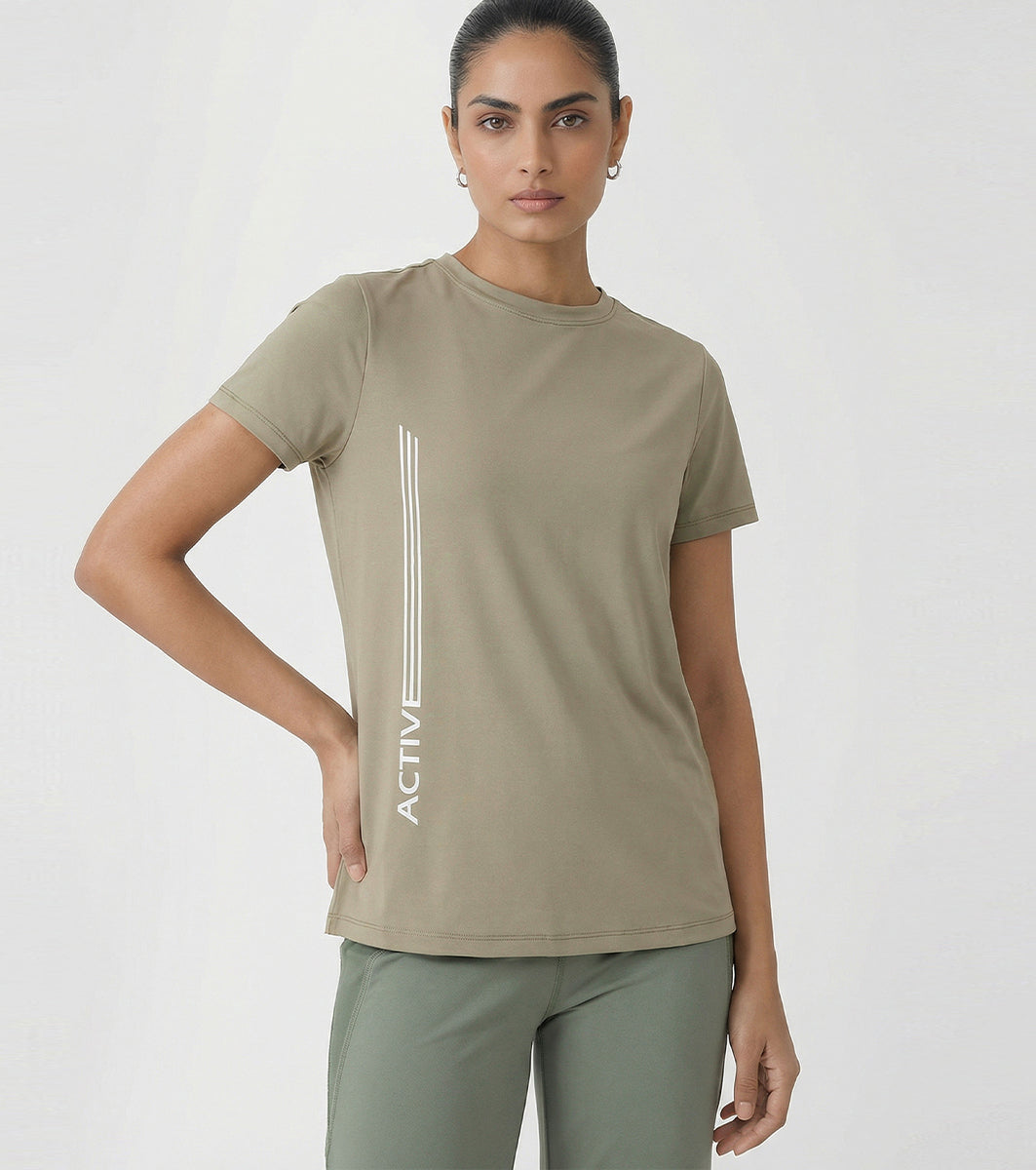 Enamor Short Sleeve Crew Neck Regular Length Basic Dry Fit Workout Crew T-Shirt for Women - Relaxed Fit, Quick Dry, Antimicrobial - A309 (Deep Lichen Green Active Reflective Graphic)