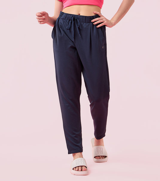 Enamor Elasticated Waistband with Drawstring Closure Regular Length Mid Rise Pleated Pants For Women - Relaxed Fit - E407 (Mood Indigo)