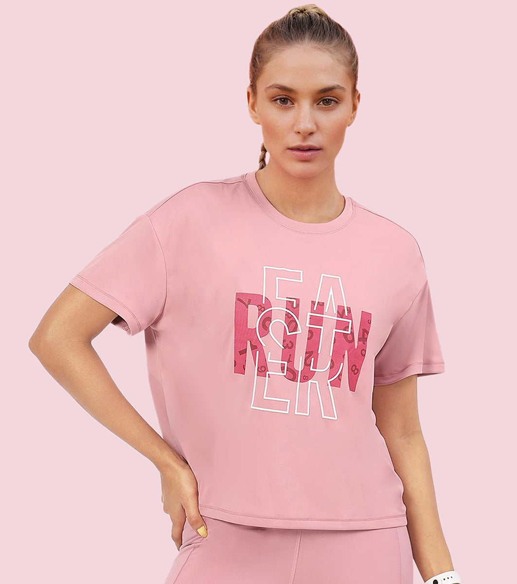 Enamor A311 Typographic Printed Drop Shoulder Sleeves Relaxed Fit Crop T-shirt - Lilas-Run Faster