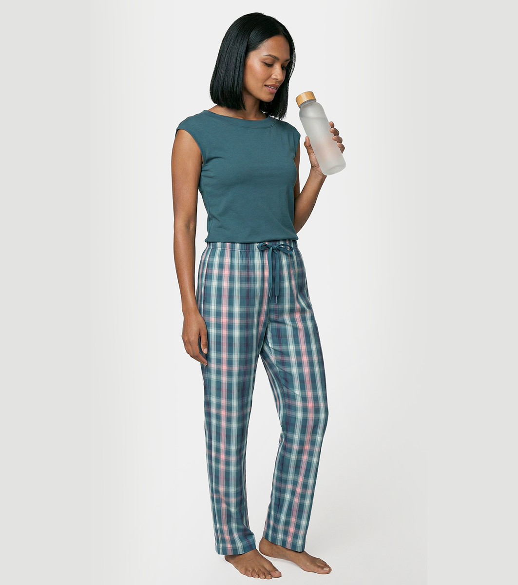 Enamor Mid Rise Full Length Adjustable drawstring Hangout Pant For Women - Relaxed Fit, Combed Cotton - E4A5 (Green/Peach Checks)
