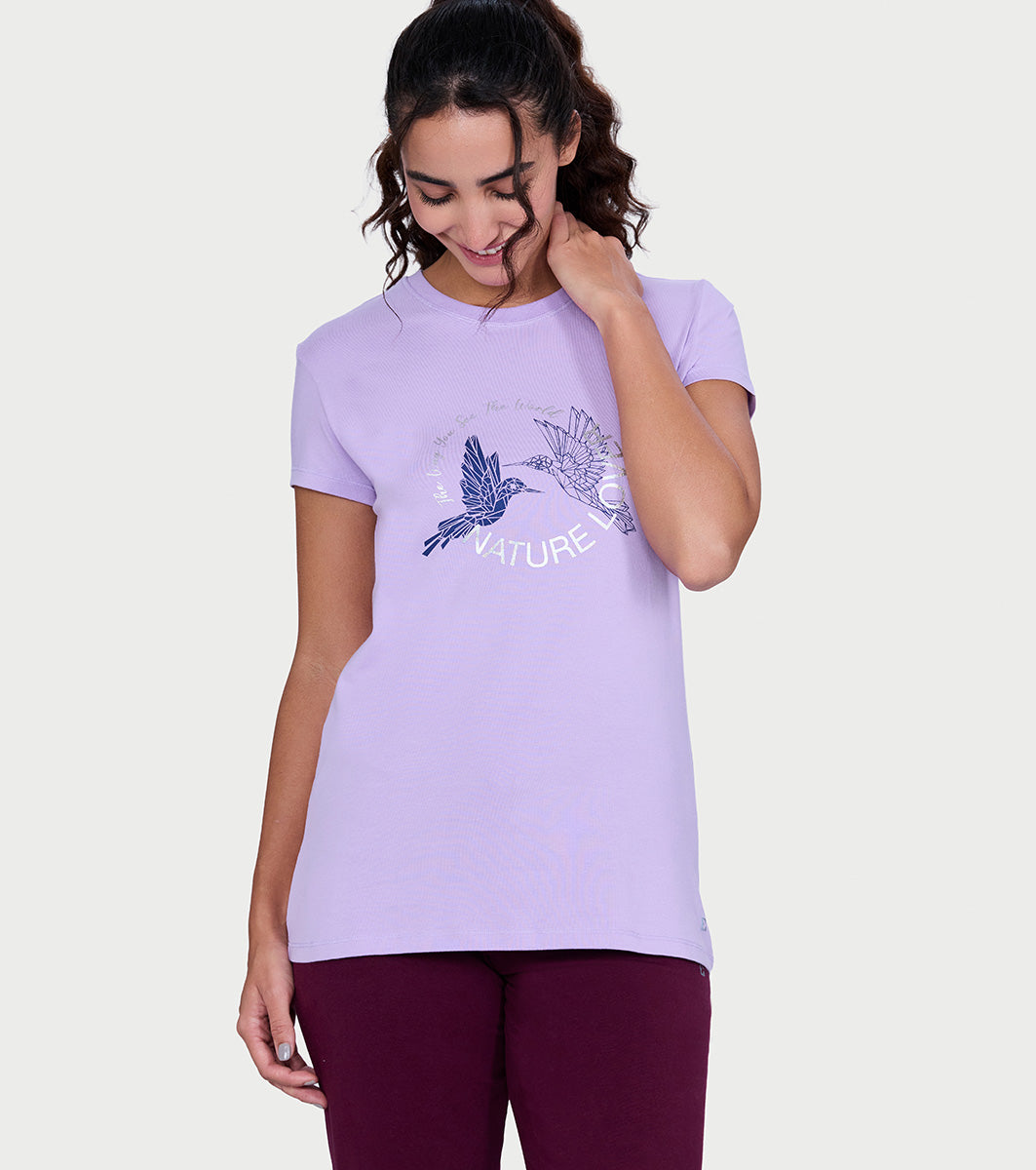 Enamor Short Sleeve Crew Neck Regular Length Basic Crew T-Shirt - Slim Fit, Soft and Breathable Stretch Cotton - E147 (Lavendula Nature Lover Graphic)