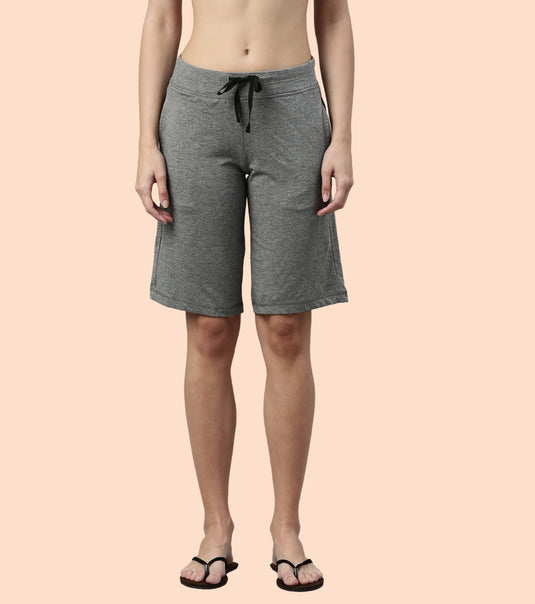 Enamor Mid Rise Knee length Drawstring Closure City Shorts For Women - Slim Fit, Soft and Breathable Cotton - E044 (Mediumgrey Melange)