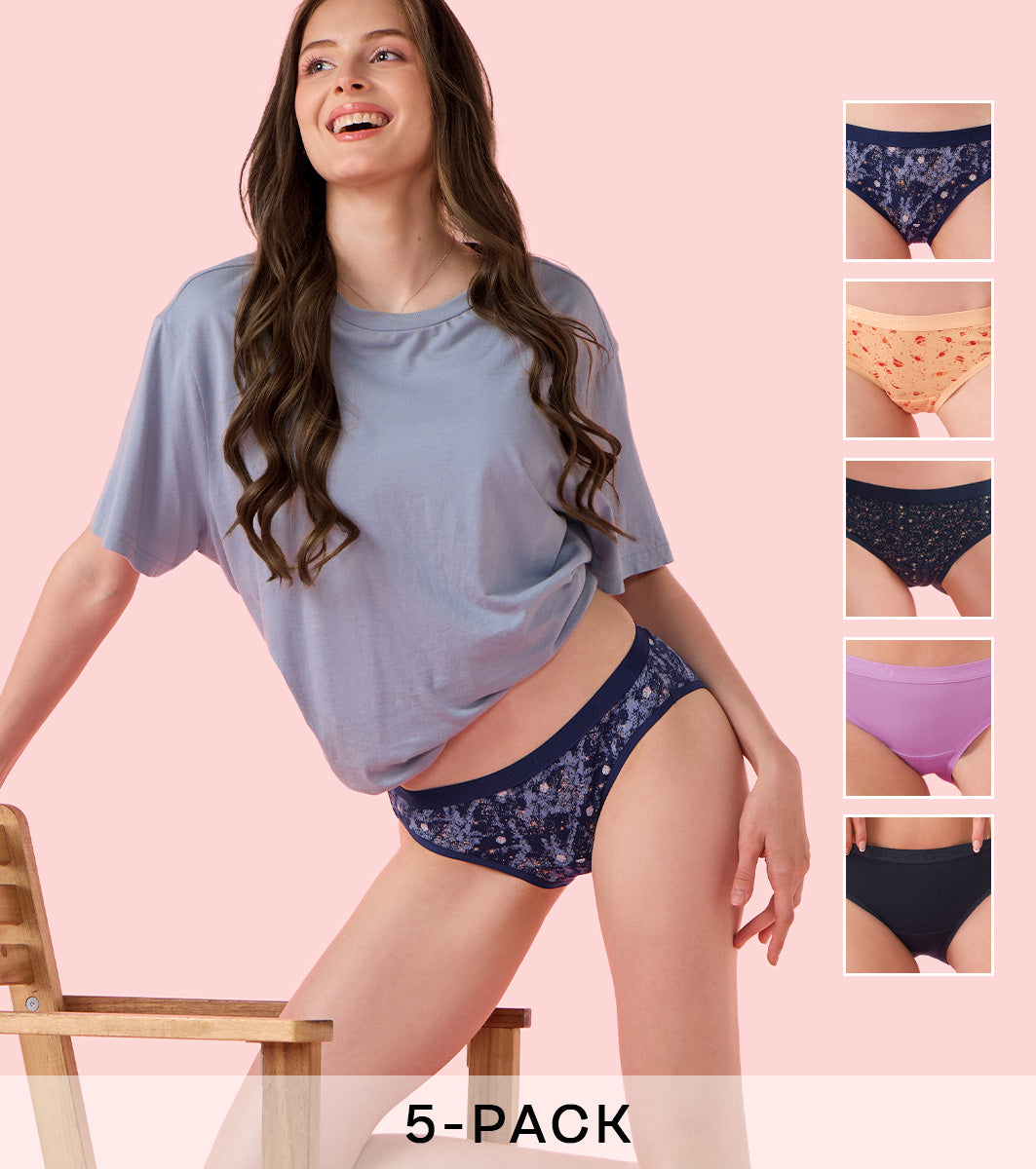 Enamor Chic Cotton, Naturally Breathable Cotton, All Day Comfort, Low Waist Brief Panty for Women -  Antimicrobial with Stain Release, Soft Outer jacquard Elastic, Regular Coverage - CB07 Pack of 5 (Multicolors)