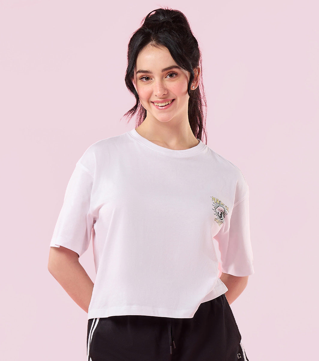 Enamor E3G5 Oversized Fit Square Crew Neck Cotton T-Shirt with Stylish Graphic Design - Bright White Magical