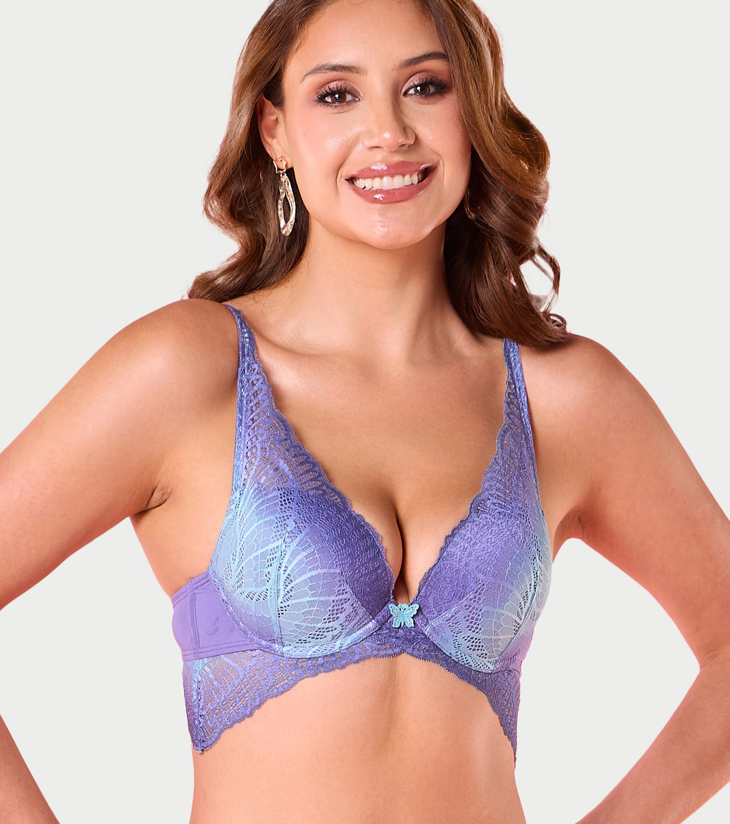 Enamor F191 Padded Wired Medium Coverage Butterfly Enhancer Plunge Push-Up Bra - Blue Wave