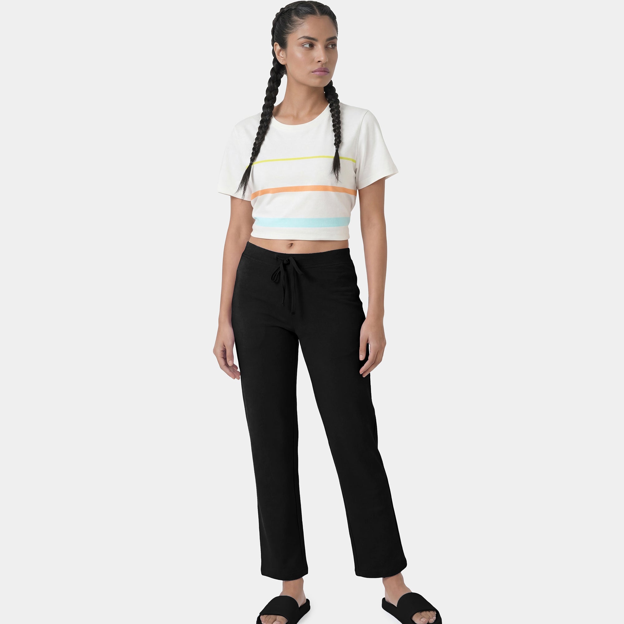 Enamor Mid Rise Regular Length Drawstring Closure Lounge Pants For Women - Slim Fit, Soft and Breathable Stretch Cotton - E014 (Jet Black)