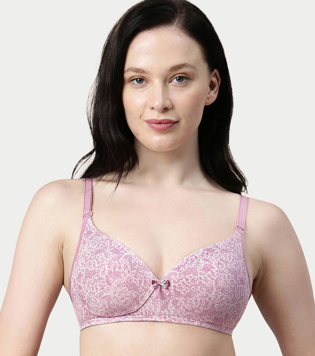 Enamor Women's Perfect Plunge Lift T-Shirt Bra - Detachable Straps, Lightly Padded, Wirefree, Medium Coverage - F023 (Pink Wild Lace Print)