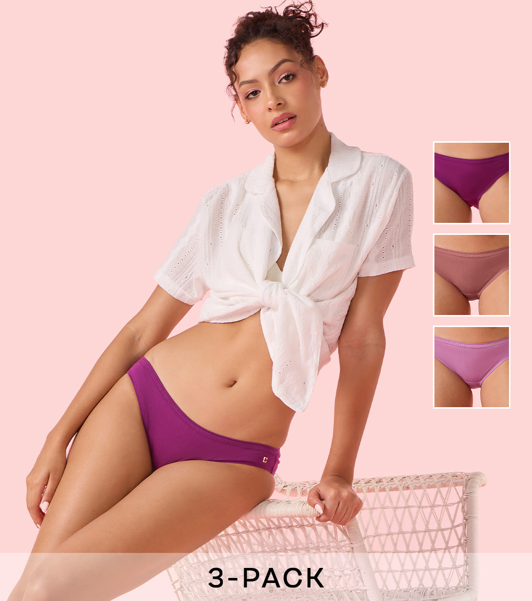 Enamor Chic Cotton, All Day Comfort, Low Waist Bikini Panty for Women - Inner Elastic, Regular Coverage - CB09 Pack of 3 (Multicolorsolid)