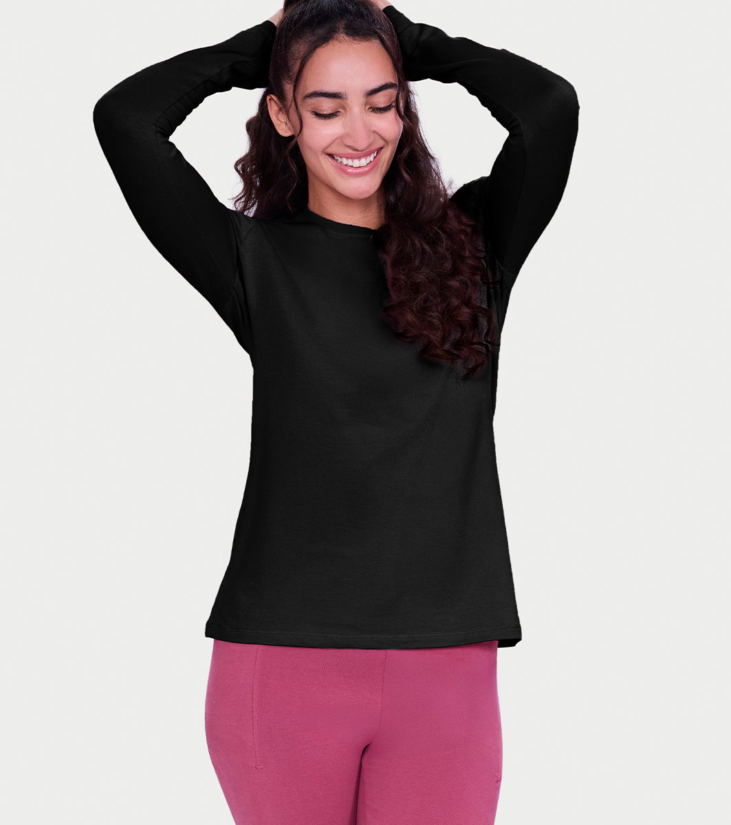 Enamor Full Sleeve Crew Neck Regular Length Basic Crew T-Shirt For Women - Slim Fit, Soft and Breathable Stretch Cotton - E057 (Jet Black)