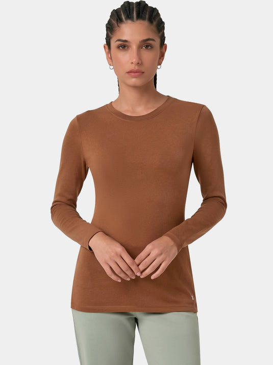 Enamor Full Sleeve Crew Neck Regular Length Basic Crew T-Shirt For Women - Slim Fit, Soft and Breathable Stretch Cotton - E057 (Emperador)
