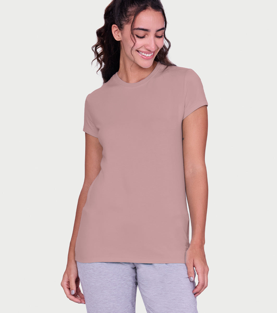 Enamor Short Sleeve Crew Neck Regular Length Basic Crew T-Shirt for Women - Slim Fit, Soft and Breathable Stretch Cotton - E047 (Zephyr)