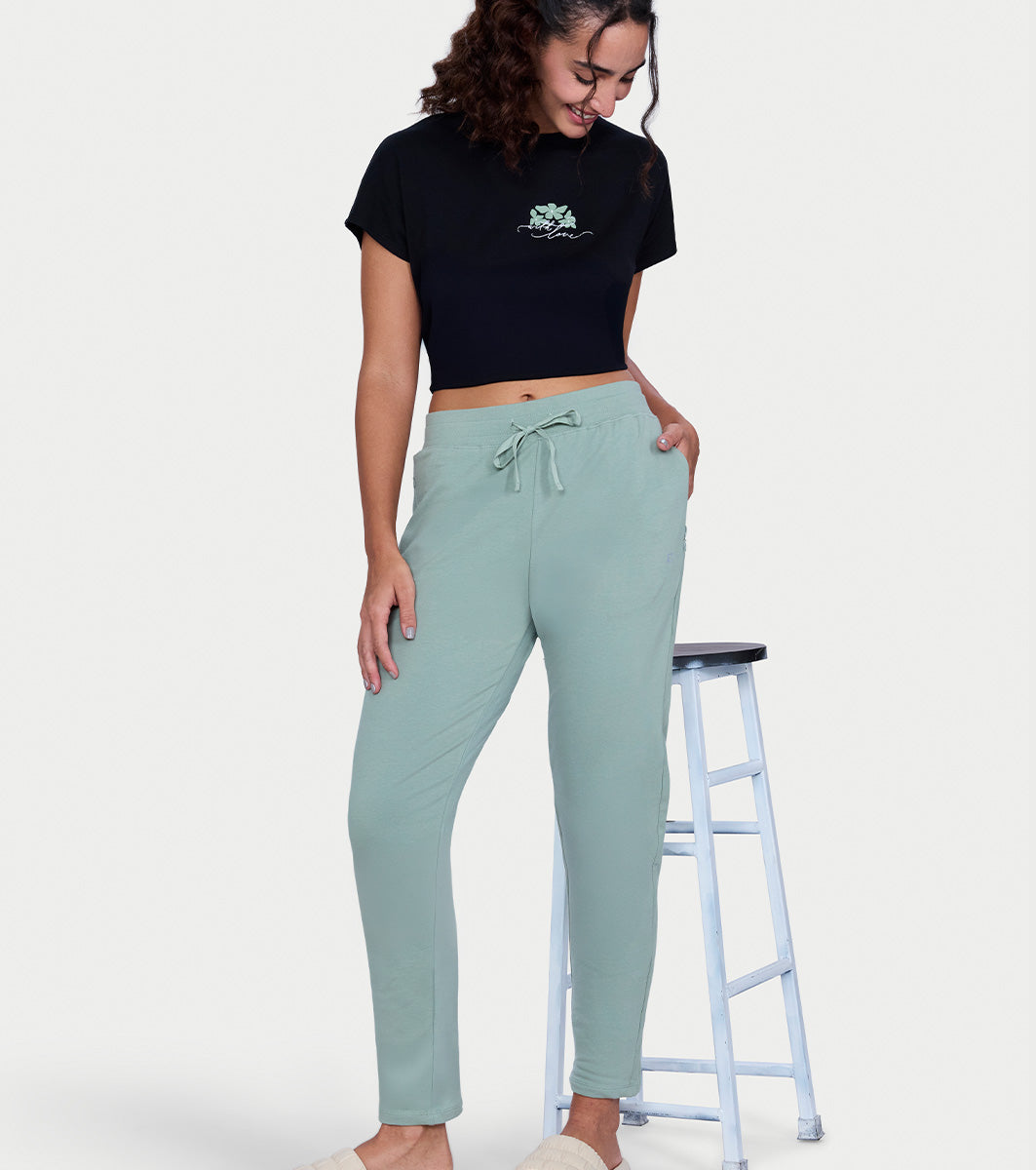 Enamor Mid Rise Ankle length Drawstring Relax Pants For Women - Slim Fit, Stretch French Terry - E060 (Iceberg Green)