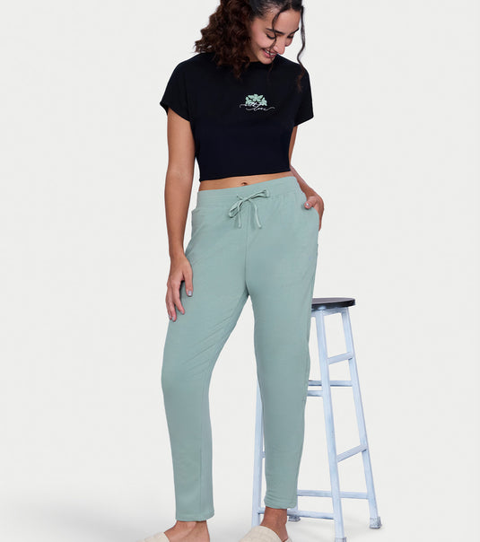 Enamor Mid Rise Ankle length Drawstring Relax Pants For Women - Slim Fit, Stretch French Terry - E060 (Iceberg Green)