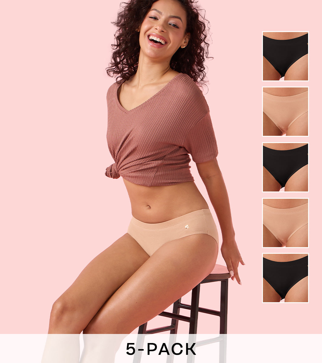 Enamor Chic Stretch Cotton, All Day Comfort, Mid Waist Hipster Panty for Women - Naturally Breathable, Antimicrobial with Stain release, Inner Elastic, Full Coverage - CR17 Pack of 5 (Jet Black / Nude)