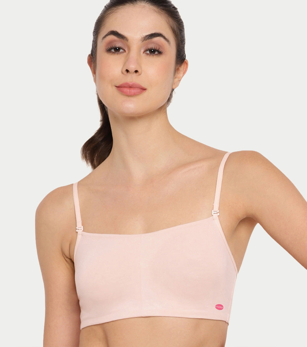 Enamor Moulded Double Layer Front Women's Cotton Cami Bra - Detachable Slim Straps with Back Keyhole, Non Padded, Wirefree, High Coverage - A022 (Pearl)