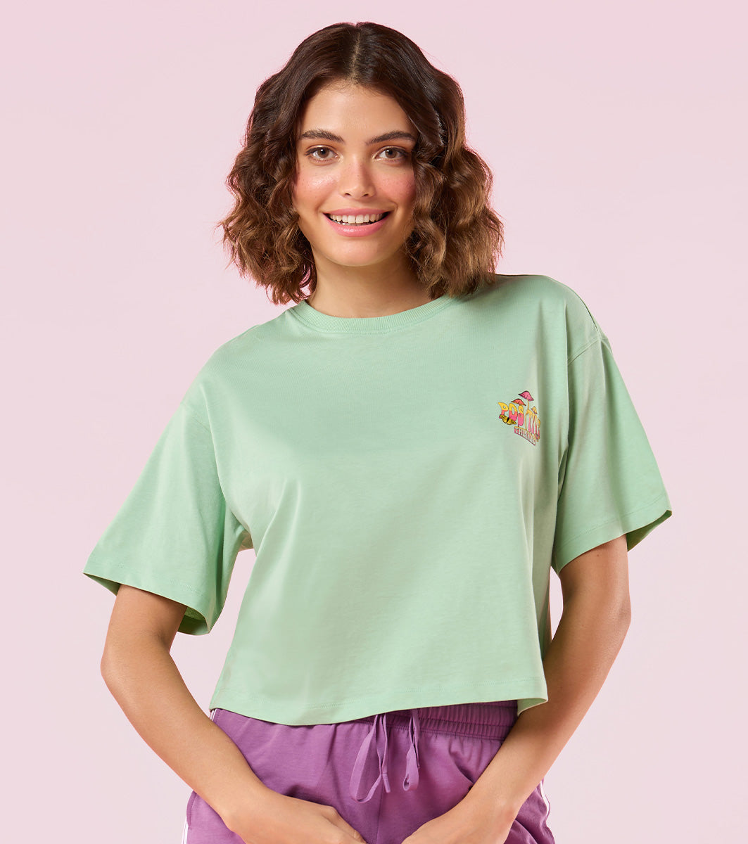 Enamor E3G5 Oversized Fit Square Crew Neck Cotton T-Shirt with Stylish Graphic Design - Pistagreen Positive