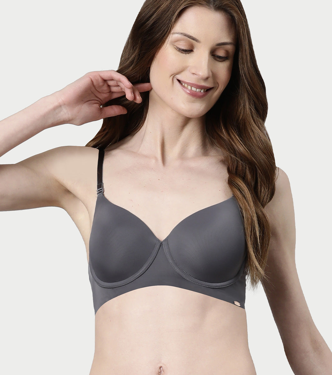 Enamor Innovations Ecolite, Smoother Perfect Lift Women's T-Shirt Bra - Crush Proof Cups, Padded, Wired, High Coverage - F057 (Ink Grey)