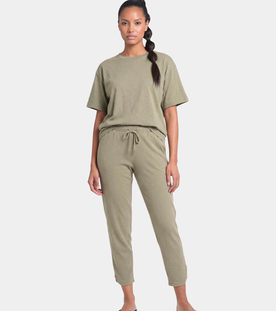 Enamor Mid Rise 7/8th length Drawstring Closure Shop In Pants for Women - Relaxed Fit, Soft & drapey 4-way stretch - E048 (Deep Lichen Green)