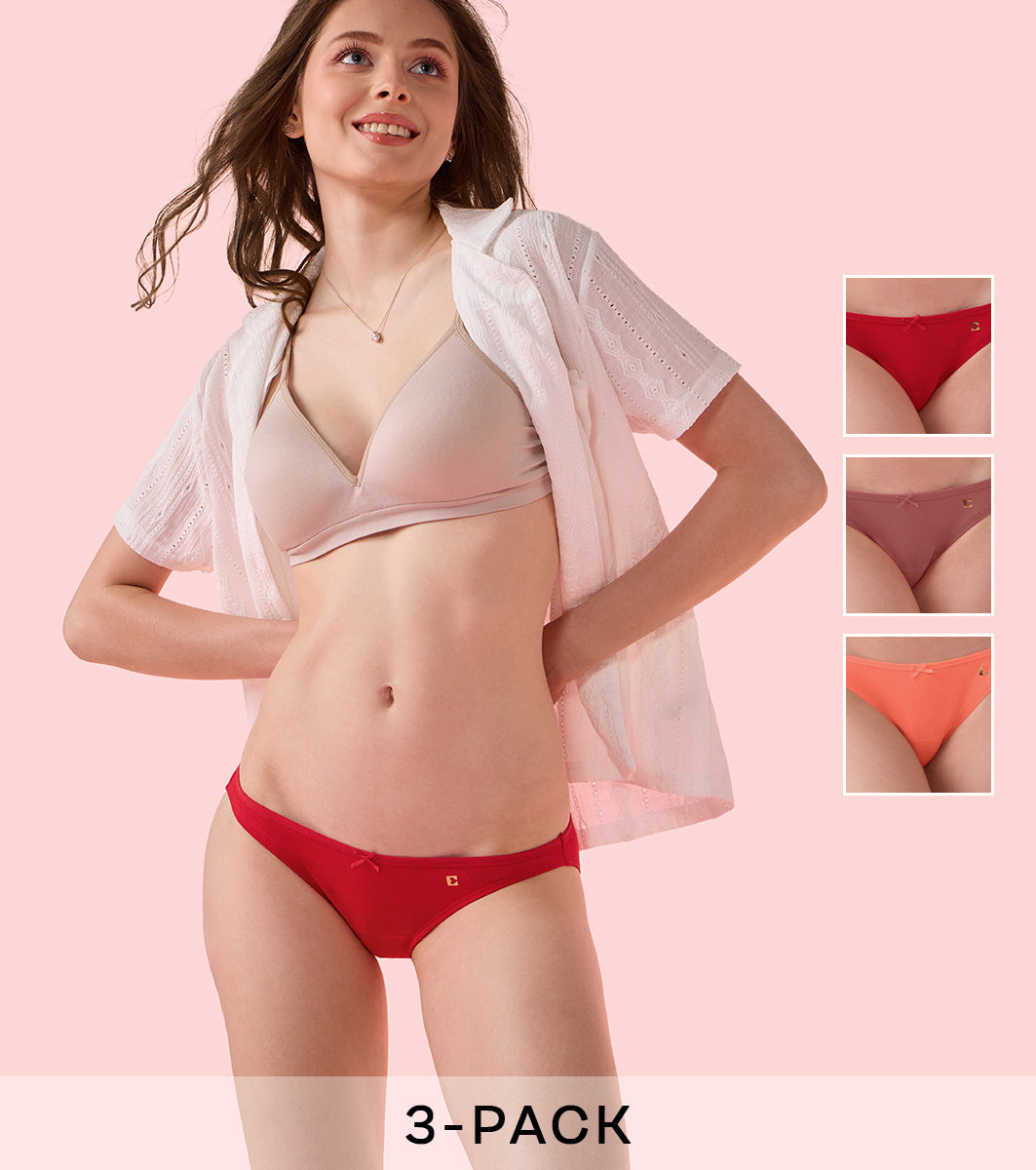Enamor Chic Stretch Cotton, Naturally Breathable Cotton, All Day Comfort, Low Waist Brief Panty for Women -  Antimicrobial with Stain Release, Soft Outer Elastic, Regular Coverage - CB17 Pack of 3 (Multicolorsolid)