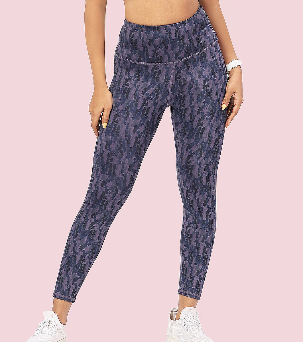 Enamor A607 Women Printed Hugged Fit High-Waisted 7-8th Length Tights with Elasticated Waistband - Step Brush Print