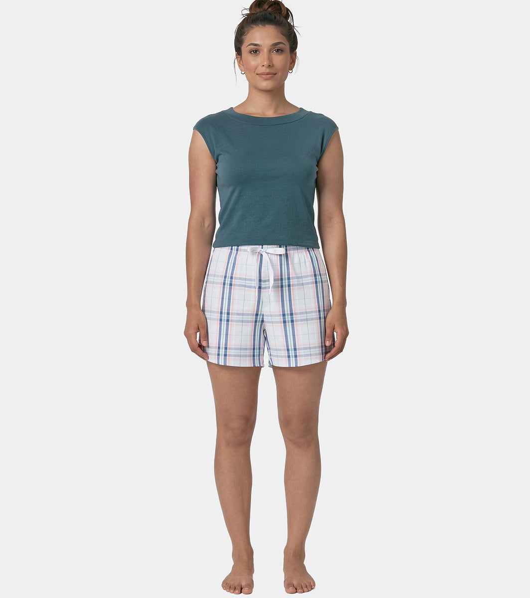 Enamor Mid Rise Mid Thigh Length Adjustable drawstring Hangout Shorts For Women - Relaxed Fit, Soft & Light Cotton - E7A1 (Blue Pink Checks)