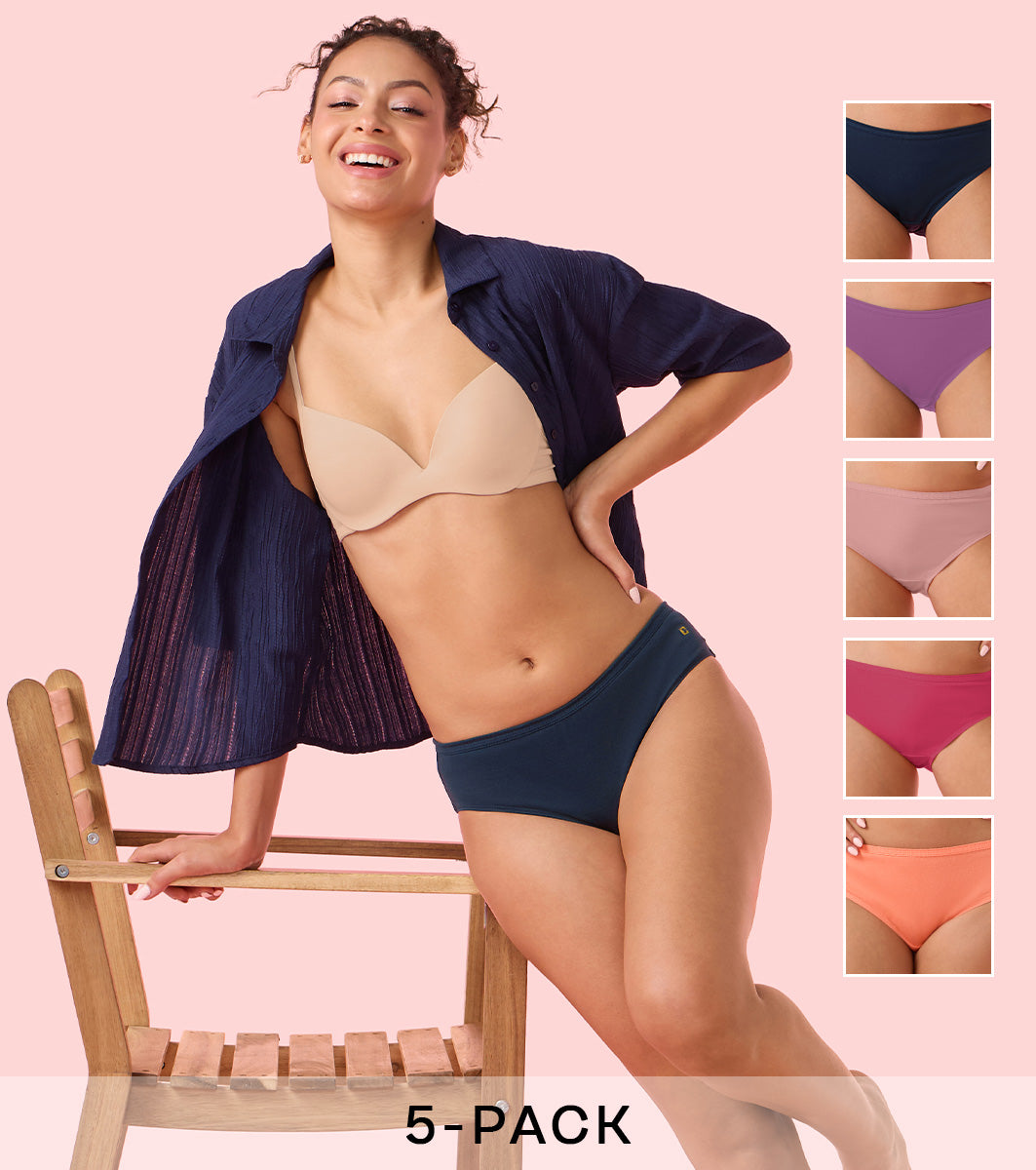 Enamor Chic Cotton, All Day Comfort, Mid Waist Hipster Panty for Women - Inner Elastic, Full Coverage - CH03 Pack of 5 (Multicolorsolid)